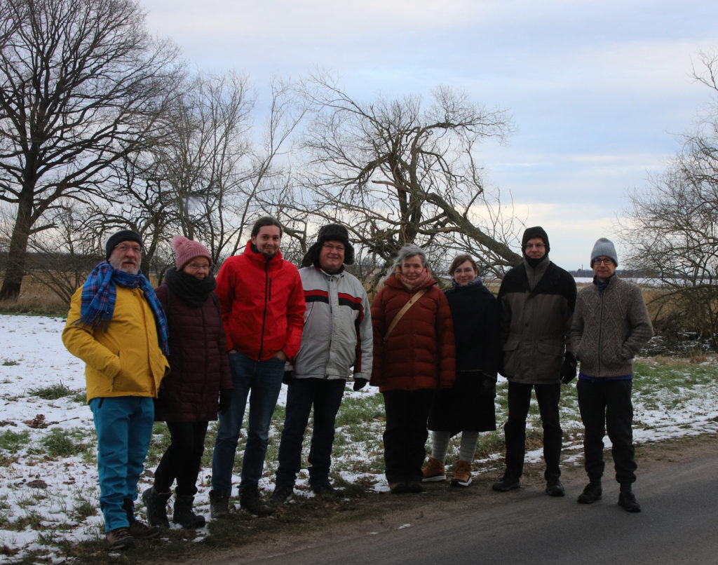 Figure 2- Meteorite hunting team with Jürgen Rendtel (on the left) on January 21st, 2024, a few hours after asteroid atmospheric entry, while snow covered the ground, and strewn field was quite approximate. Credit: Jürgen Rendtel
