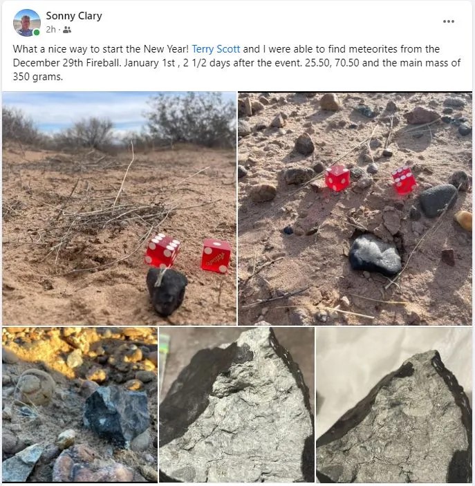 Figure 2- Facebook post of Sonny Clary after discovery of the 3 meteorites associated to December 29th, 2023, 02h 40min UT fireball. Credit: Sonny Clary
