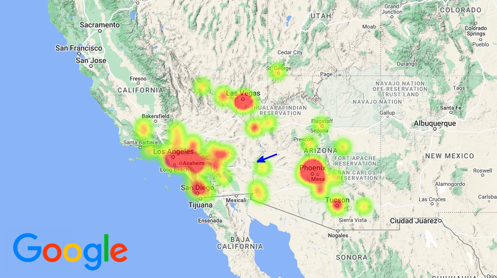 Figure 1- Heat map of witnesses that reported their observation of the December 29th, 2023, 02h 40min UT fireball (Event #8283-2023). The blue arrow displays the path automatically calculated from those visual reports. Credit: IMO/AMS