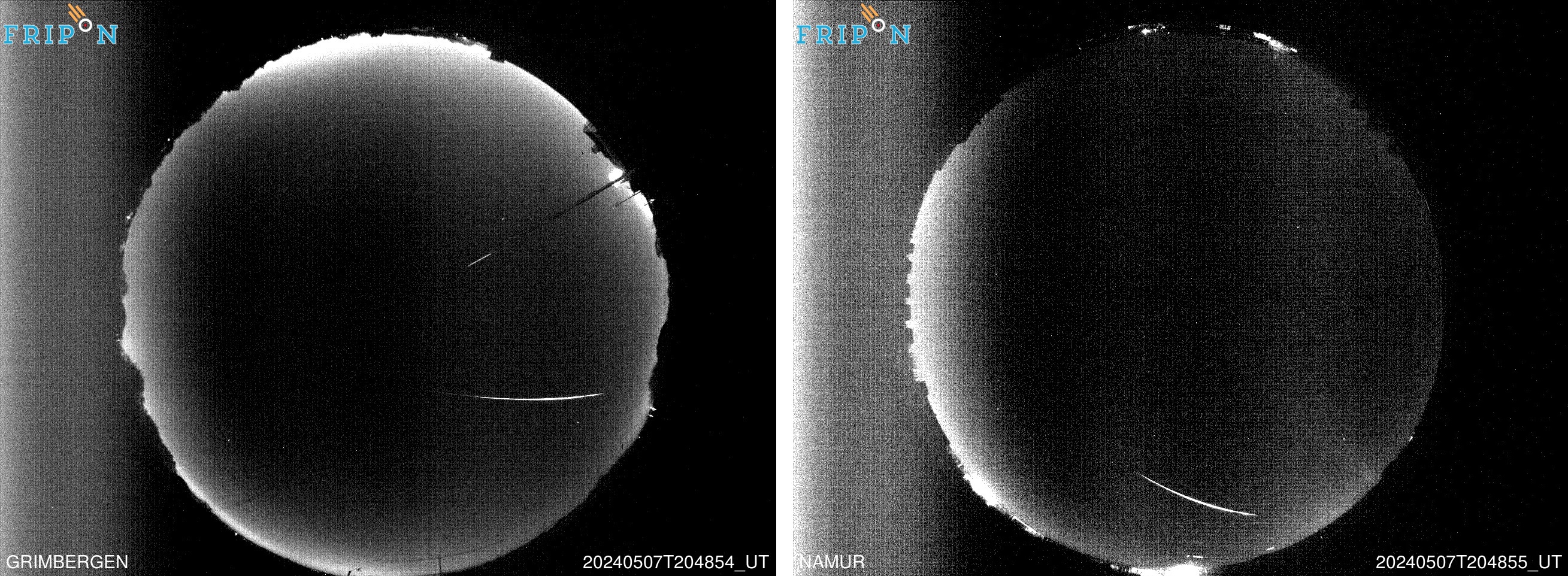Figure 2- May 7th, 2024, 20h 49min UT fireball was recorded by 6 video stations of Fripon-Belgium network, especially from Grimbergen and Namur. Credit: Fripon-Belgium