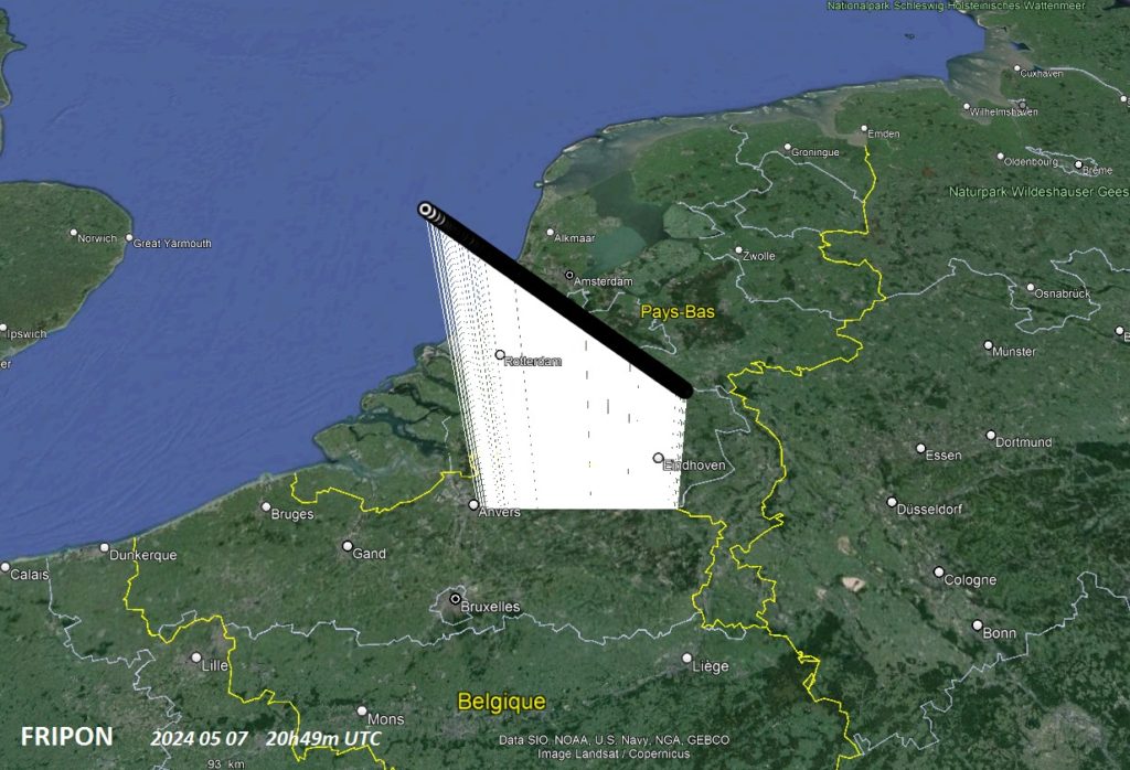 Figure 7- Atmospheric path of the meteoroid associated to May 7th, 2024, 20h 49min UT fireball. Credit: Fripon-Belgium