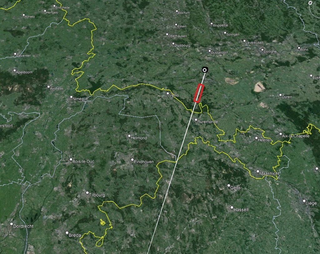 Figure 8- Strewn field (red rectangle) where the potential 10 to 50g of meteorites may have landed. Be aware this calculations do not include the meteorological data, as those are not available. Credit: Fripon-Belgium