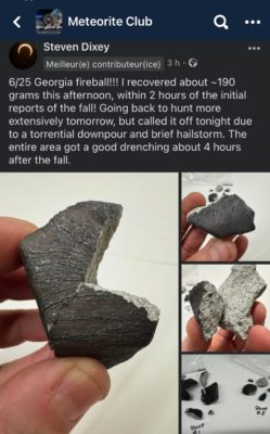 Figure 2a- Steven Dixey pictures on Facebook of meteorites fragments recovered in Georgia, two hours after the first visual reports came out. Credit: Steven Dixey