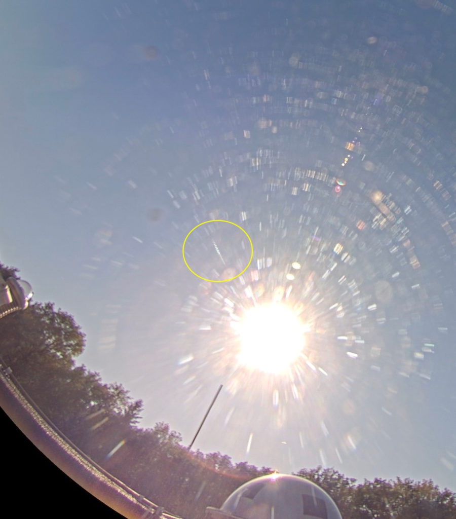 Figure 3- Picture taken with Daylight fireball camera DAARO! Dwingeloo, the Netherlands. The fireball was not seen visually. It appeared only 20deg from the Sun and lasted for 1s. Image is composite of ~10 images, taken at 10fps. Credit: Felix Bettonvil