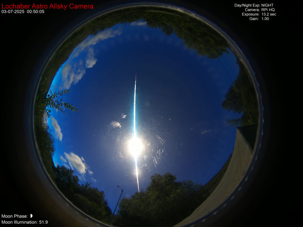 Figure 5- The July 2nd, 2025, 23h 50min UT fireball captured by Martin C., from Onich (GB, report #3666ee-2025), with Lochaber Astro Allsky Camera. Credit: Martin C.