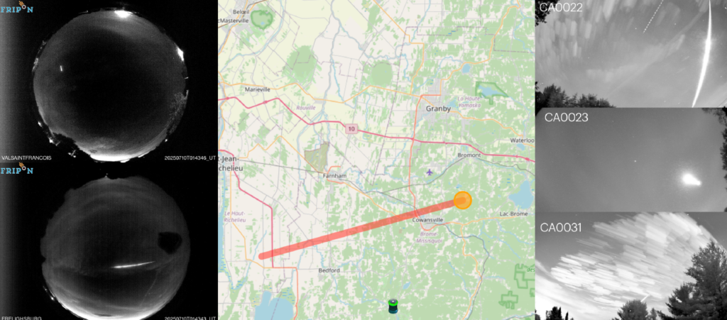Figure 5- Pictures of the July 10<sup>th</sup>, 2025, 01h 34min UT fireball over Quebec captured by DOMe and GMN video stations. Credit: DOMe/Espace pour la Vie, Auriane Egal, Global Meteor Network (Luc Turbide, Robert Saint-Jean, Robert Véronneau)