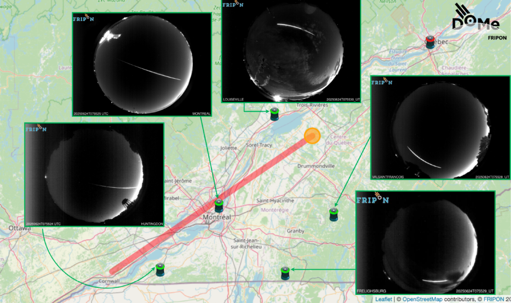 Figure 1- Pictures of the June 24<sup>th</sup>, 2025, 07h 55min UT fireball over Quebec captured by DOMe video stations. Credit: DOMe/Espace pour la Vie, Auriane Egal