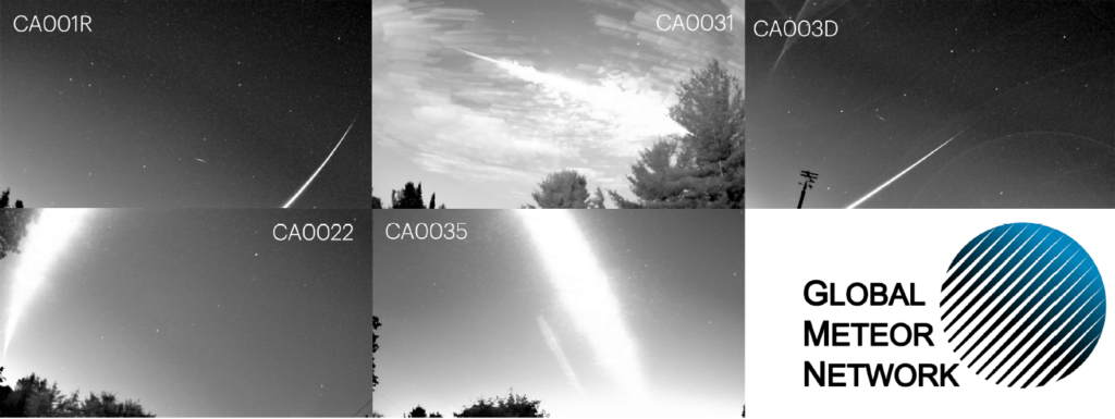 Figure 2- Pictures of the June 24<sup>th</sup>, 2025, 07h 55min UT fireball over Quebec captured by GMN video stations. Credit: Robert Saint-Jean (CA0022, CA0035), Ken Whitnall (CA003D), (CA001R), (CA0031), GMN and Auriane Egal.