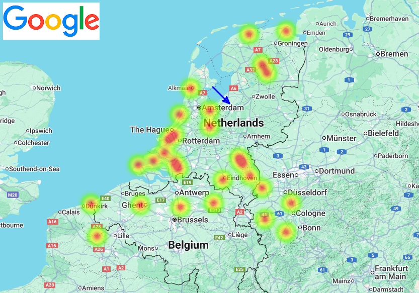 Figure 2- Heatmap of observers who reported the June 30, 2025, 15h 57min UT daylight fireball over the Netherlands. The blue arrow is the automatically calculated trajectory of the meteoroid that was at the source of the meteoric event. Credit: AMS, IMO