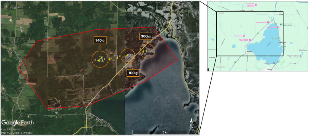 Figure 7- Meteorites strewn field associated to July 10<sup>th</sup>, 2025, 01h 34min UT fireball over Quebec (Canada), calculated by Denis Vida (UWO) from DOMe and GMN video recordings. Credit: Denis Vida, Auriane Egal