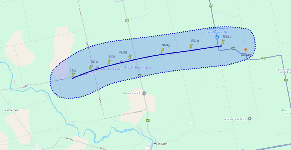 Figure 4- Meteorites strewn field associated to June 24<sup>th</sup>, 2025, 07h 55min UT fireball over Quebec (Canada), calculated by Denis Vida (UWO) from DOMe and GMN video recordings. Credit: Denis Vida, Auriane Egal