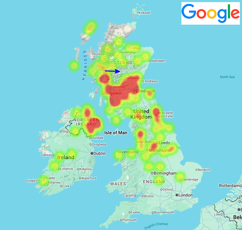 Figure 1- Heatmap of observers who reported the July 2nd, 2025, 23h 50min UT fireball over Scotland (United Kingdom). The blue arrow is the automatically calculated trajectory of the meteoroid that was at the source of the meteoric event. Credit: AMS, IMO