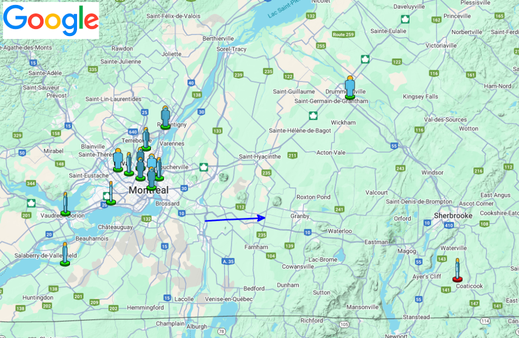 Figure 6- Map of observers who reported the July 10th, 2025, 01h 34min UT fireball over Quebec (Canada). The blue arrow is the automatically calculated trajectory of the meteoroid that was at the source of the meteoric event. Credit: AMS, IMO
