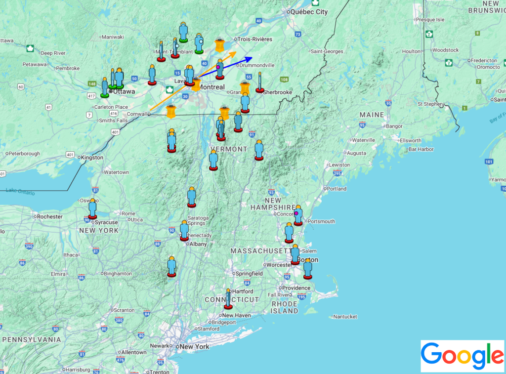Figure 1- Map of observers who reported the June 24th, 2025, 07h 55min UT fireball over Quebec (Canada). The blue arrow is the automatically calculated trajectory of the meteoroid that was at the source of the meteoric event, and the yellow one is calculated from DOMe camera recordings. Credit: AMS, IMO