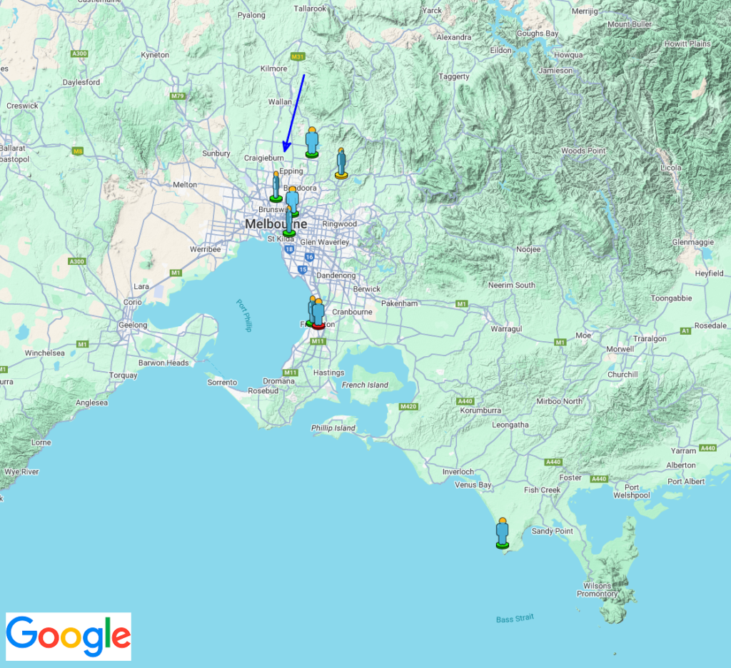 Figure 1- Map of observers who reported the August 10th, 2025, 09h 34min UT fireball over Victoria (Australia). The blue arrow is the automatically calculated trajectory of the meteoroid that was at the source of the meteoric event. Credit: AMS, IMO