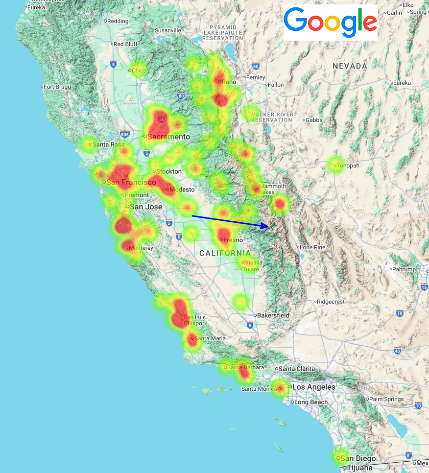 Figure 2- Heatmap of observers who reported the August 21st, 2025, 03h 12min UT fireball over California (USA). The blue arrow is the automatically calculated trajectory of the meteoroid that was at the source of the meteoric event. Credit: AMS, IMO