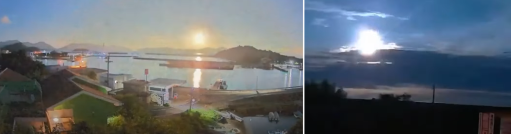 This is not the Sun or the Moon, but actual frames from videos of the Japanese fireball of August 19, 2025, which lit up the sky at 19:48 UTC and was captured by fixed cameras (Shima Yado Goen, in Nagasaki, left) and dashcams (@marubatu7, in Kumamoto, right). Credit: @marubatu7, Shima Yado Goen