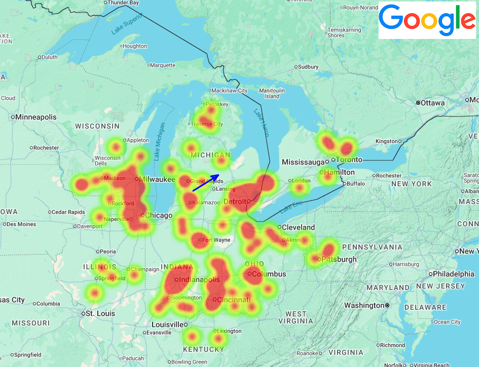 Figure 3- Heatmap of observers who reported the August 25th, 2025, 09h 41min UT fireball over Nirth-Eastern USA and Ontario (Canada). The blue arrow is the automatically calculated trajectory of the meteoroid that was at the source of the meteoric event. Credit: AMS, IMO
